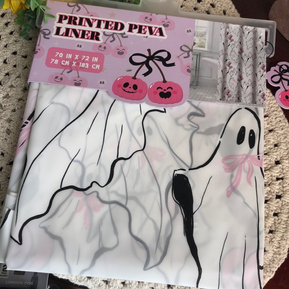 Printed PEVA Halloween Ghost Shower Curtain Liner - Pink & White